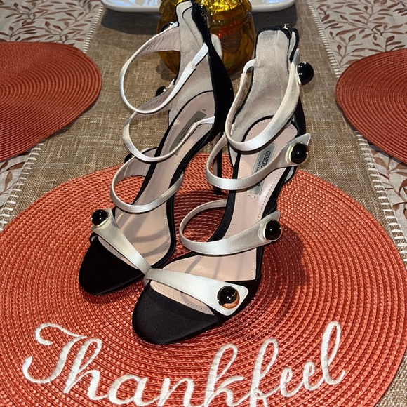 Giorgio Armani Satin Multi Strap Stiletto Black and White Zip Closure Heels 6.5 - Picture 5 of 13